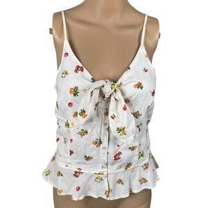 Japna White Colorful Fruity Print Tie Front Peplum Cami Tank Top SZ L